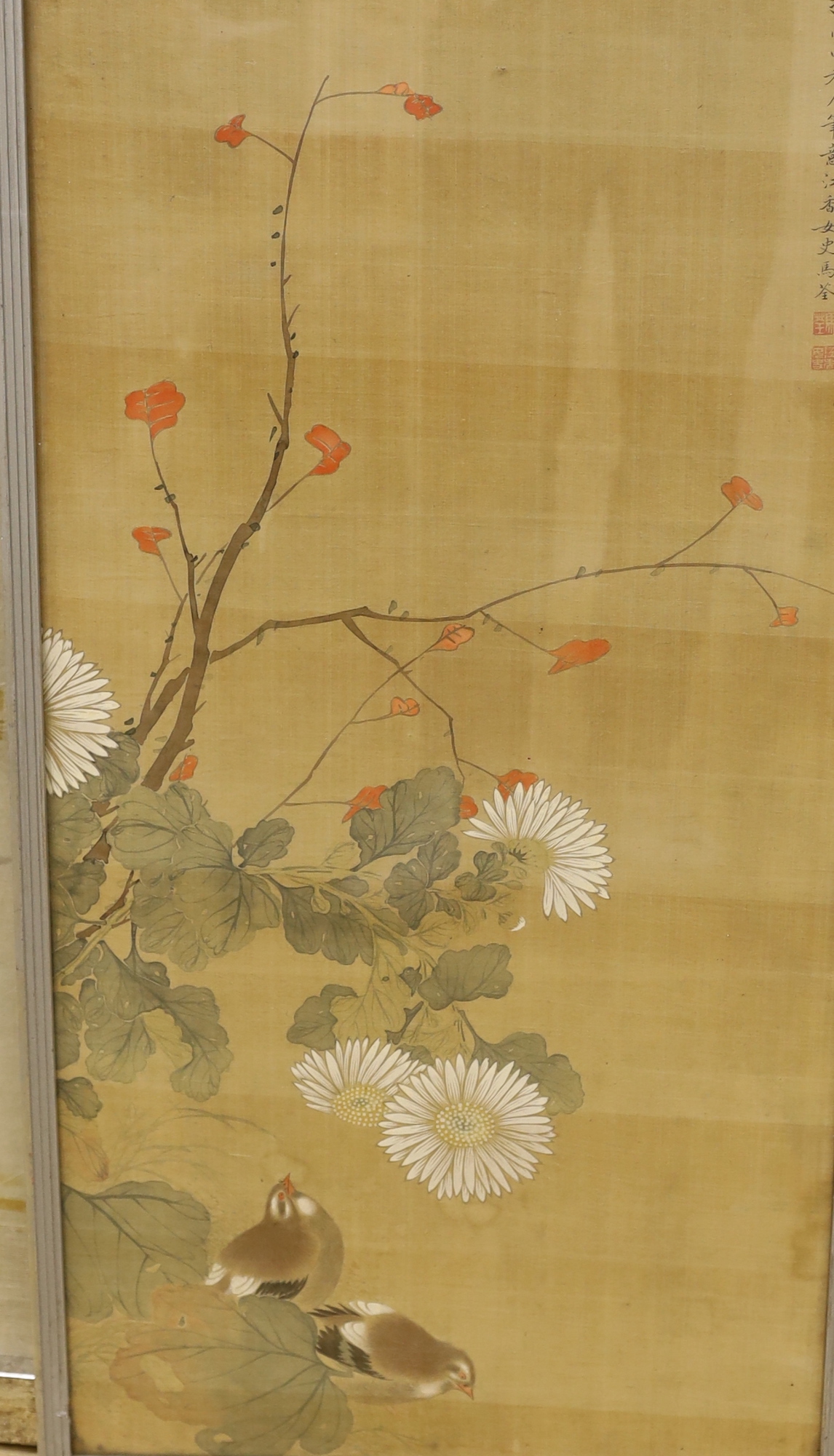 Late 19th / early 20th century Chinese watercolour on rice paper of a leaping carp and a Japanese school watercolour of quails amongst flowers, 79 x 38cm